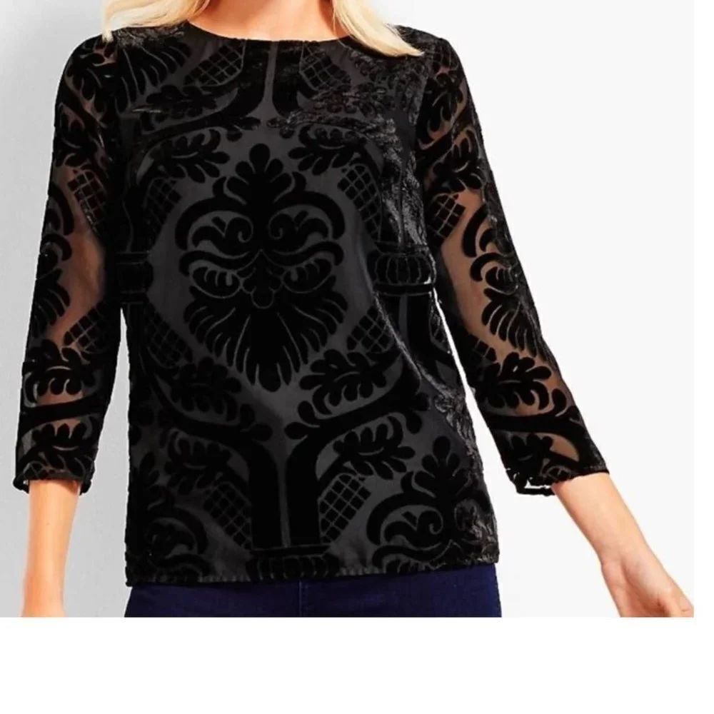 RSVP by Talbots NWT Black Burnout Floral Sheer Sleeve Top XS